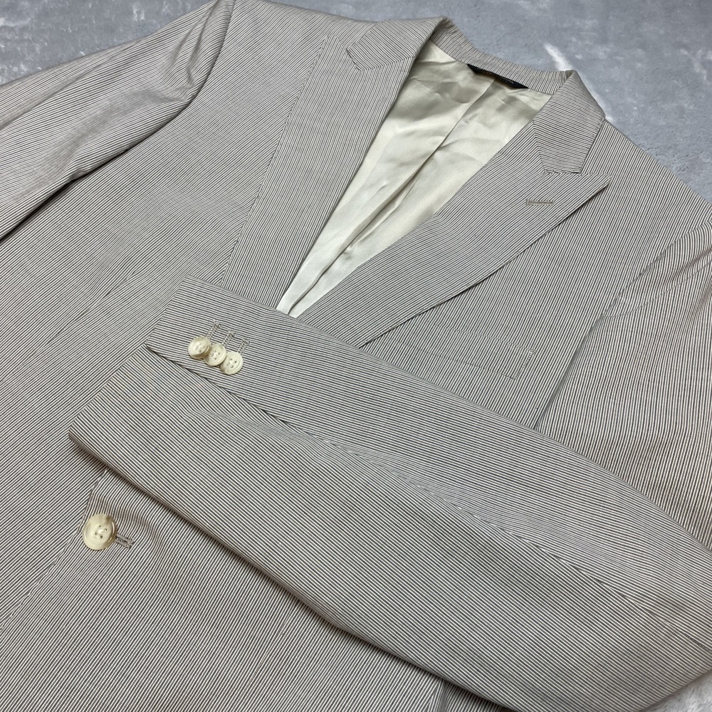 Banana Republic Mens Tailored Fit Blazer Sport Coat 40R Tan Gray‎ Stripe Cotton